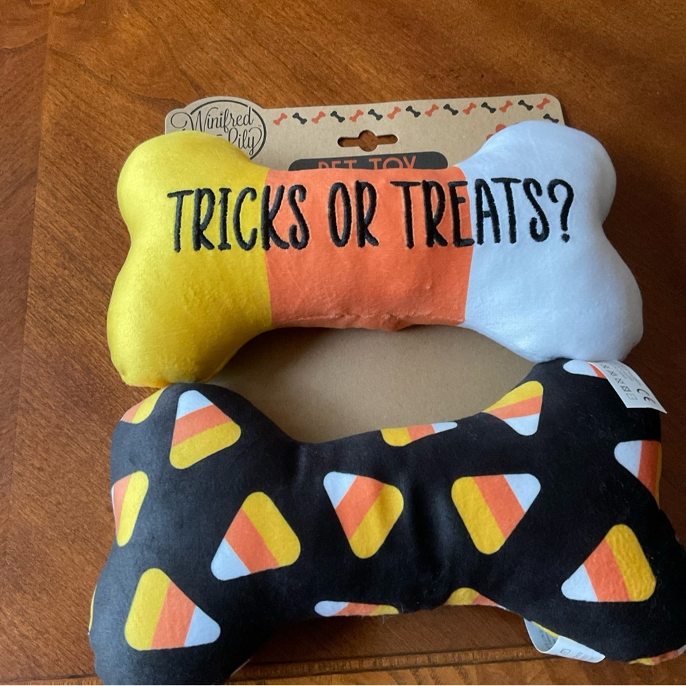 Halloween Dog Toys TRICKS OR TREATS & Candy corn Bones 8” squeaky set of 2